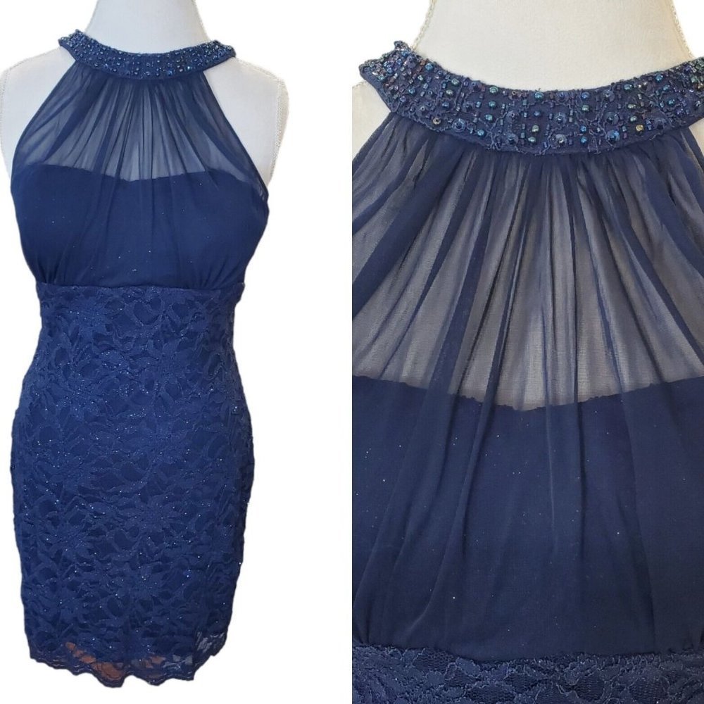 Y2K Blue Glitter Sparkly Lace Formal Stretchy Dress Halter Large 12 Prom Wedding